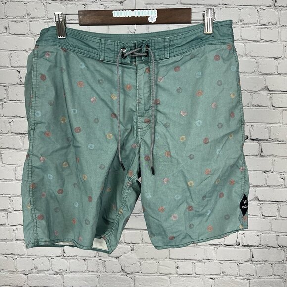 RVCA Nature Green Board Shorts Swim Trunks Beach Surfwear Drawstring Men’s 32 - Picture 1 of 9